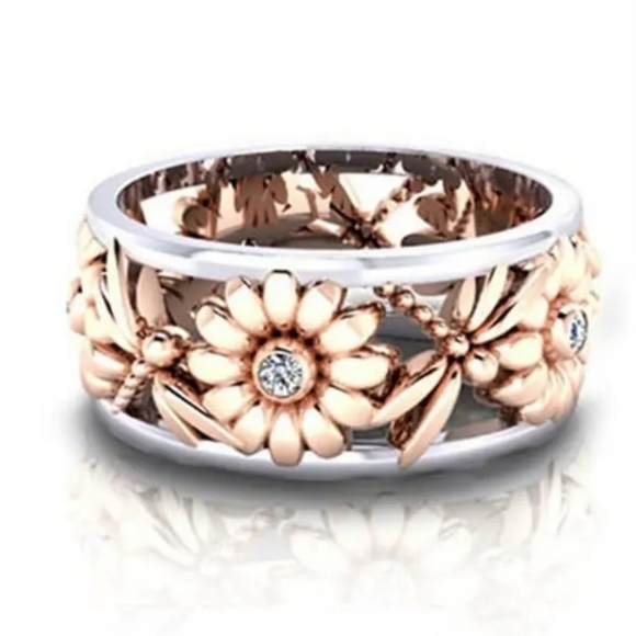 Jewelry - Two-Tone Sunflower Dragonfly Ring 925 Silver Plated Sizes 6-10